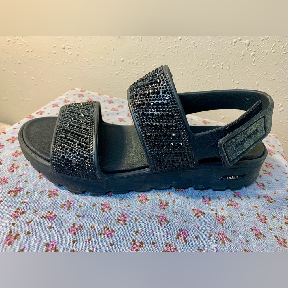 Sketchers Foamies Arch Fit Black Rhinestone Sandals - Picture 2 of 12